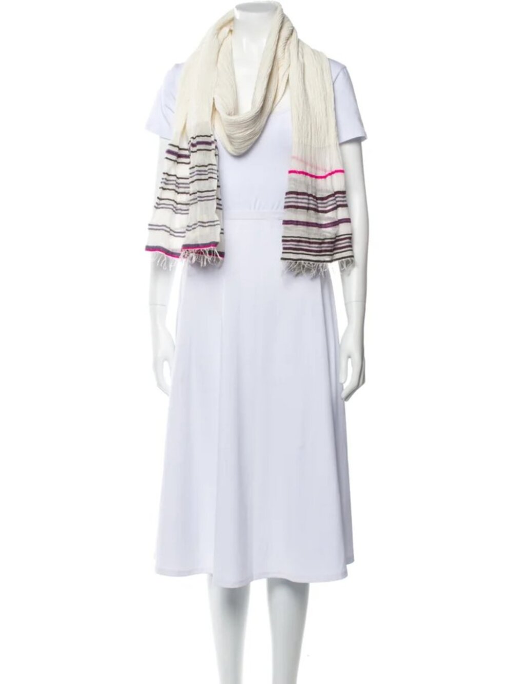 Pre-Loved Lem Lem Cream Scarf with Pink, Black and Purple Stripes